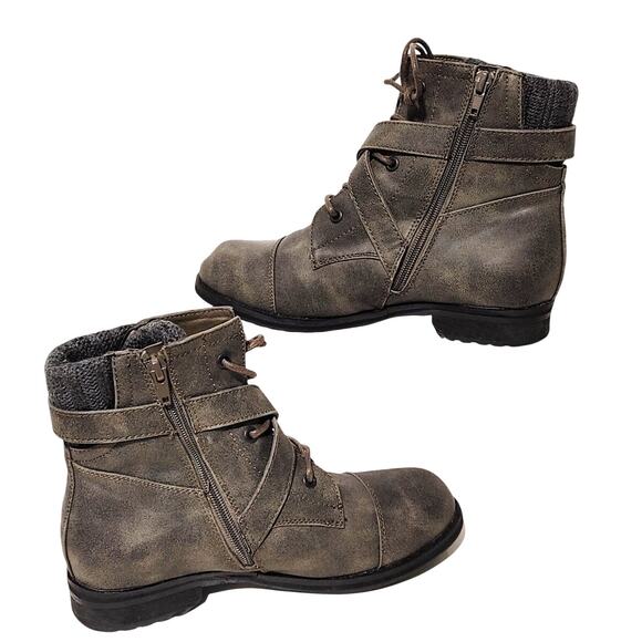 Lane Bryant Ankle Boots Buckle Lace Up Side Zip Leather Olive Green Womens 7M - Picture 2 of 7